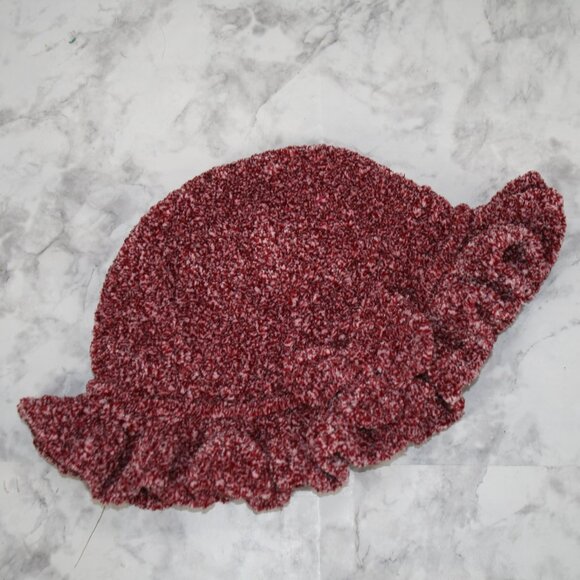HAND CRAFTED Hat Crochet Bucket Chenille Winter Full Ruffle Red Burgundy Marled - Picture 5 of 12
